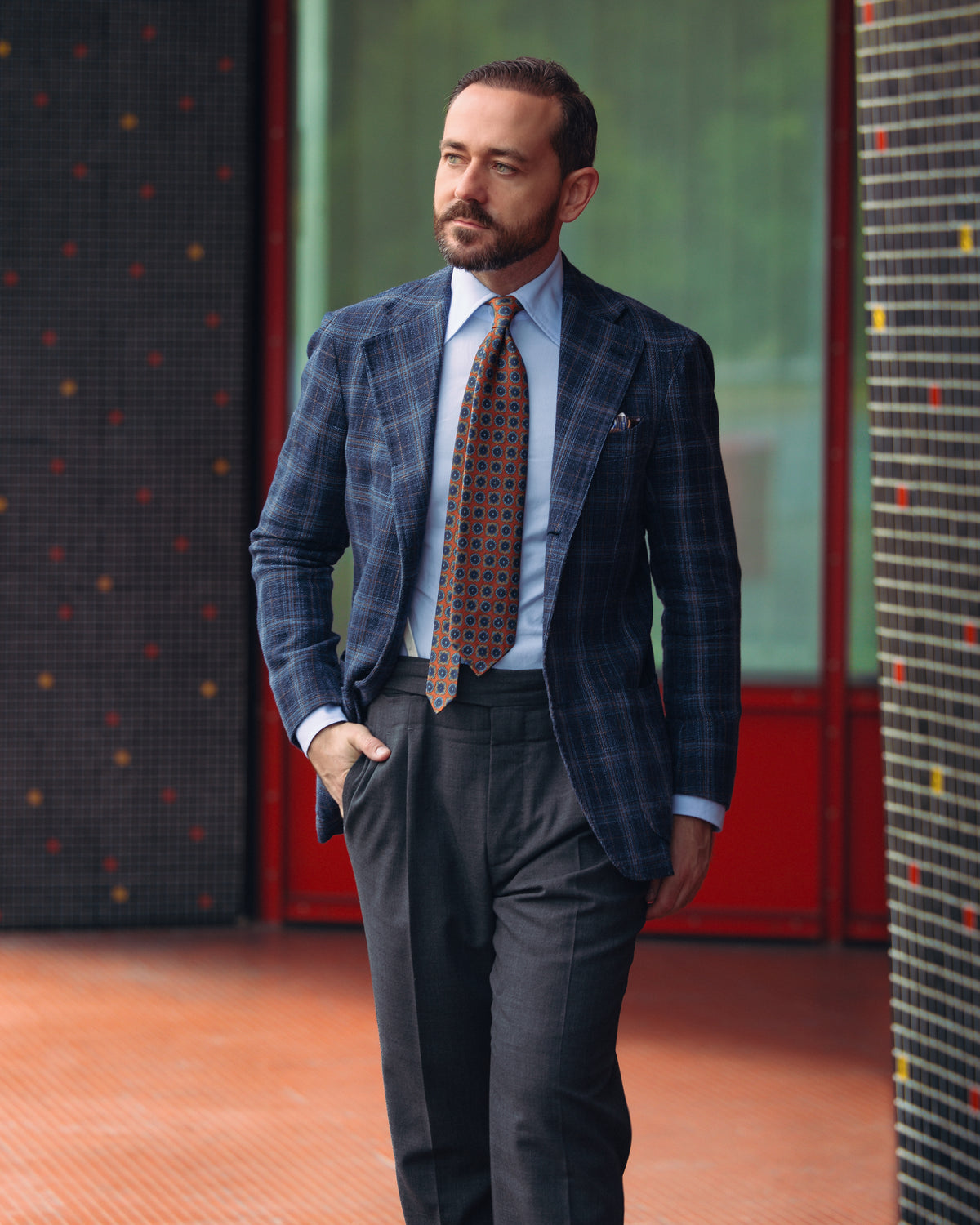 Floral Printed Silk / Wool Tie - Rust - Hand-Rolled