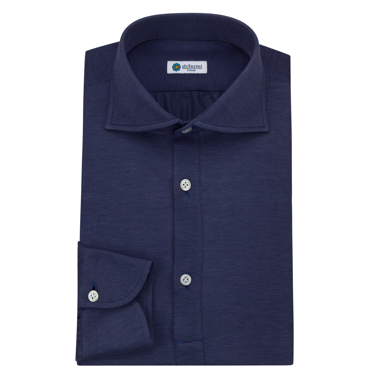 Long Sleeved Polo Shirt - Curved Wide Spread - Denim Blue
