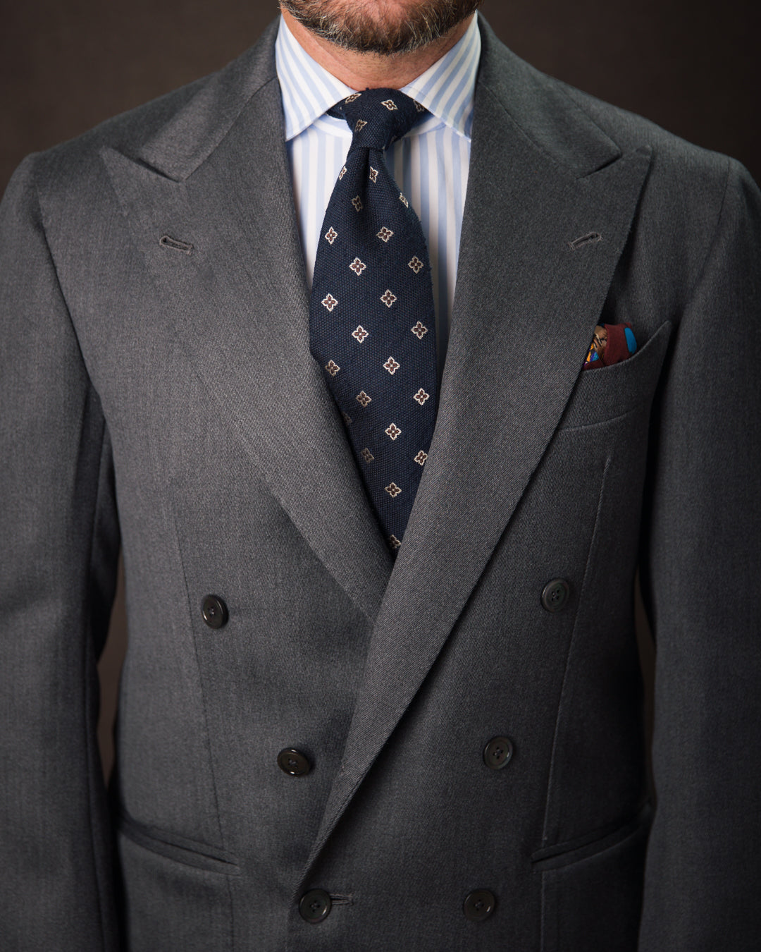 Floral Shantung Silk Tie - Navy - Hand-Rolled