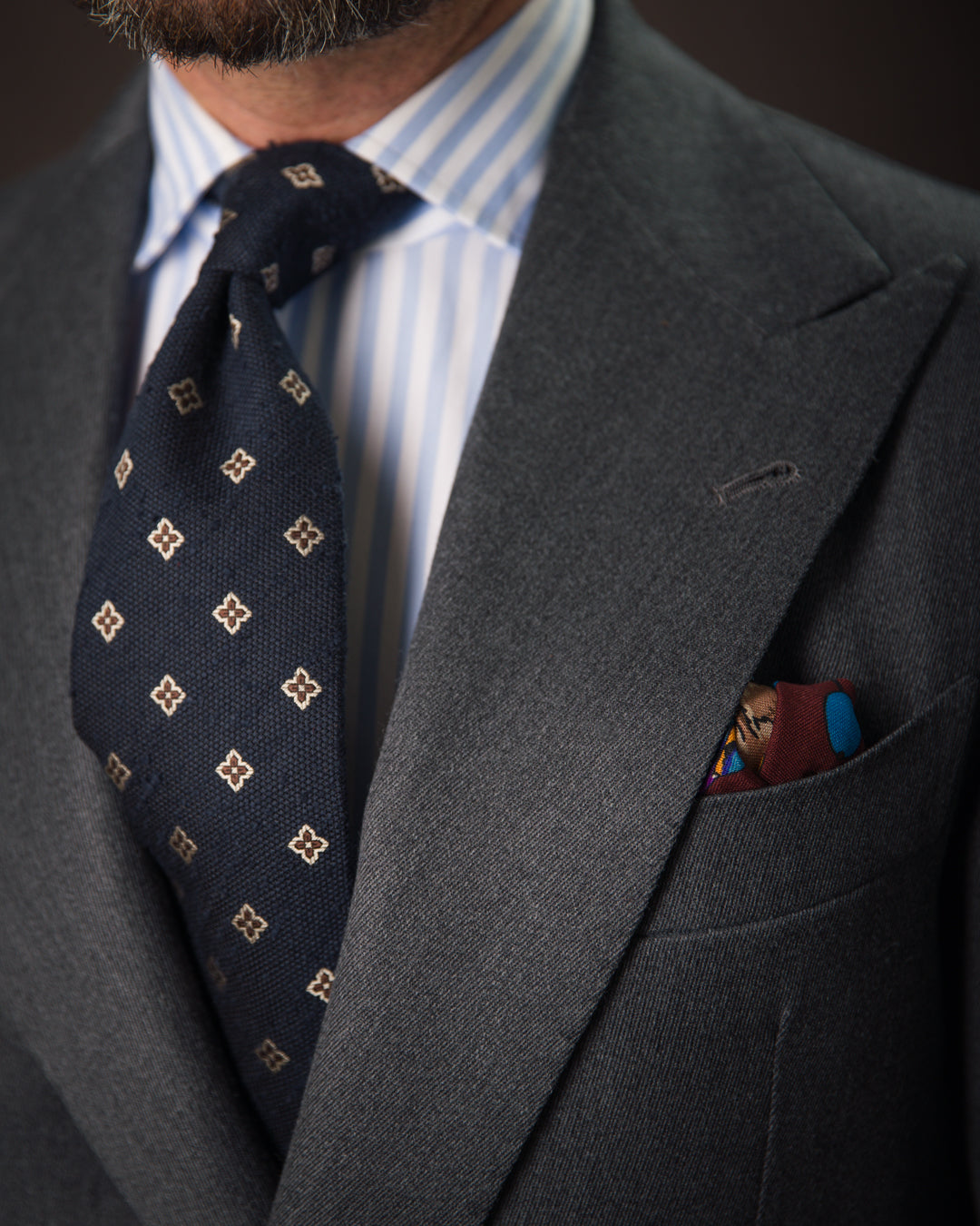 Floral Shantung Silk Tie - Navy - Hand-Rolled