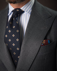 Floral Shantung Silk Tie - Navy - Hand-Rolled