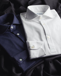 Long Sleeved Polo Shirt - Curved Wide Spread - White