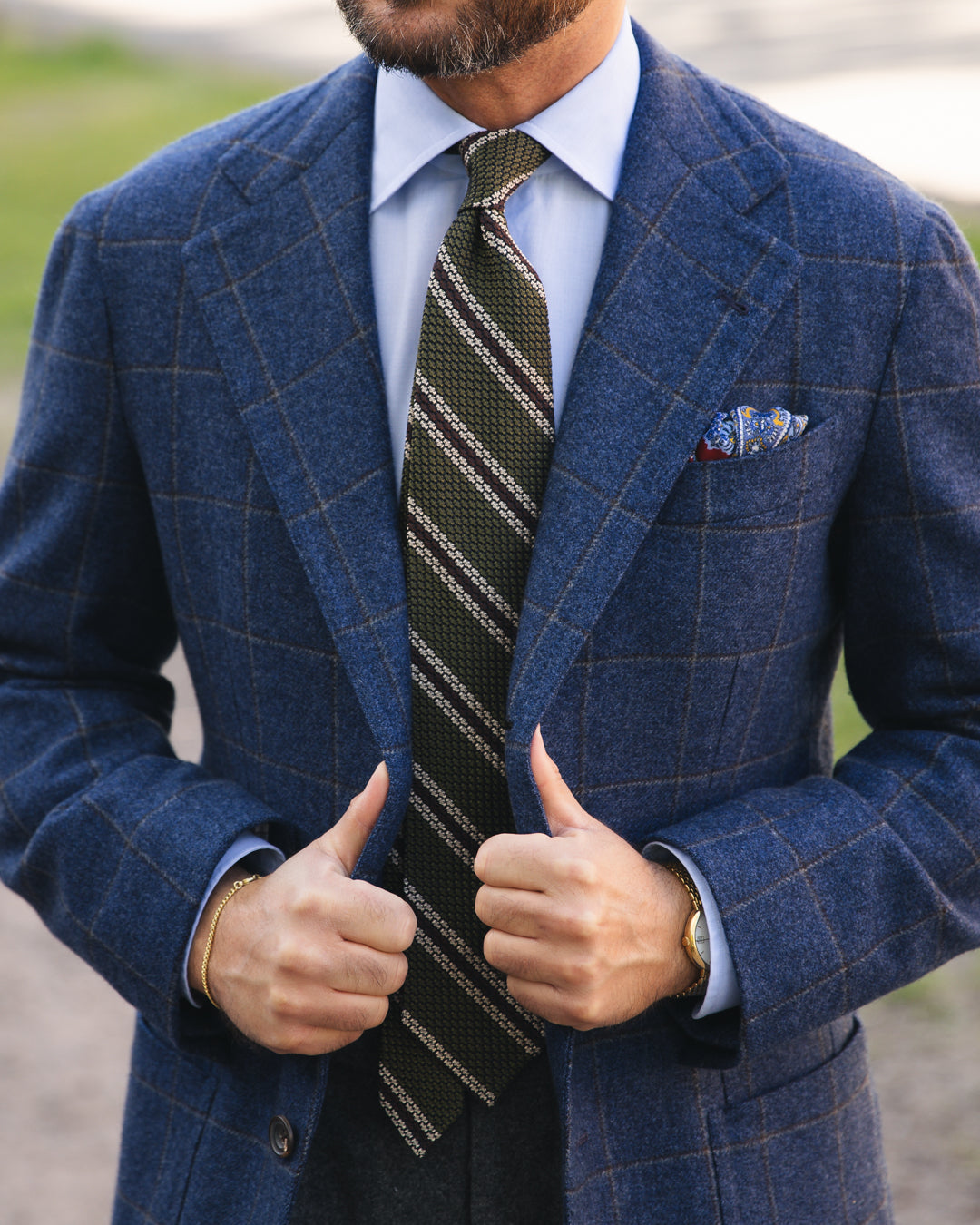 Striped Grossa Grenadine Silk Tie - Olive / Ivory / Brown