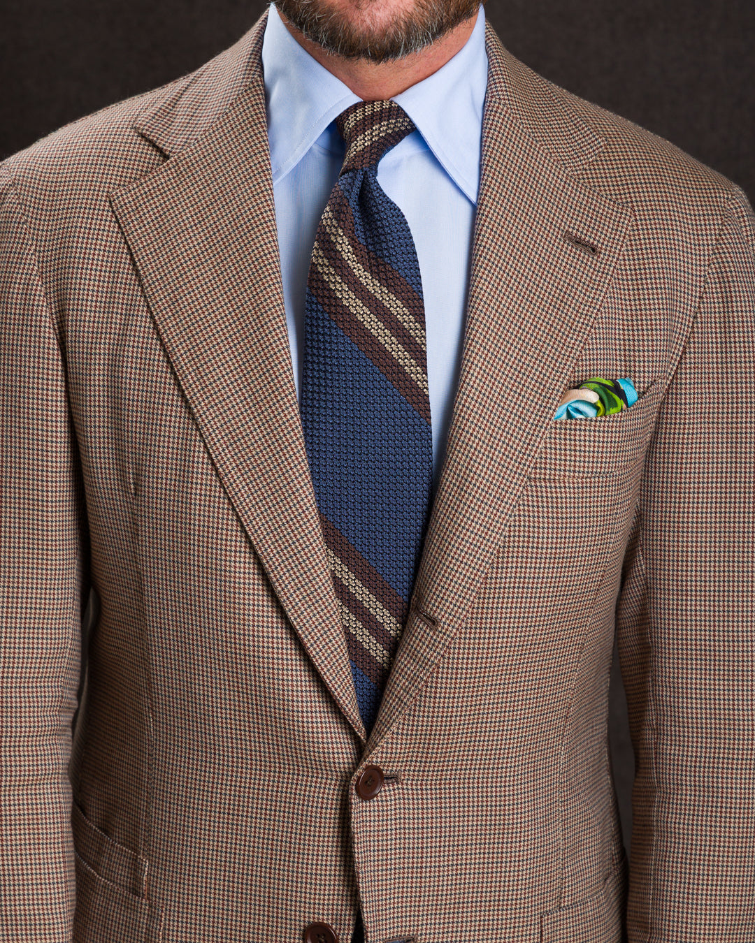 Striped Grossa Grenadine Silk Tie - Light Navy / Brown / Beige