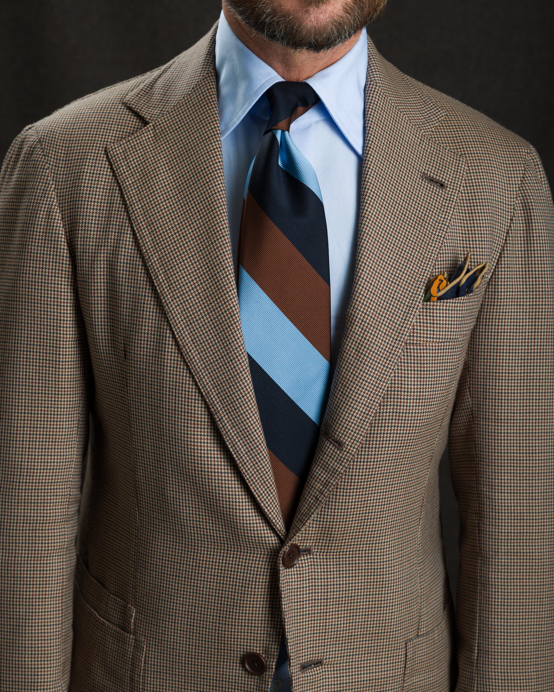 Japanese Repp Stripe Silk Tie - Navy / Brown / Sky