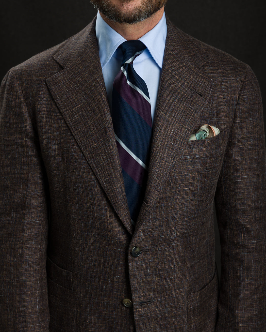 Japanese Repp Stripe Silk Tie - Navy / Eggplant / Sky