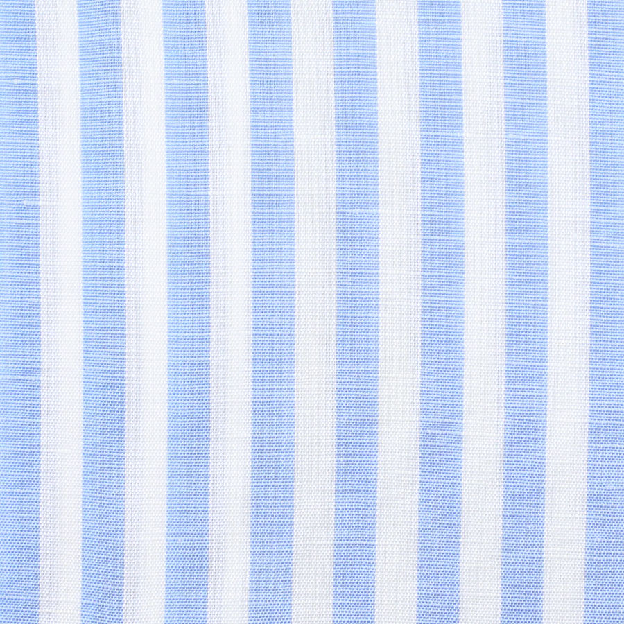 Cotton / Linen Semi Spread Shirt - White / Light Blue - Butcher Stripe