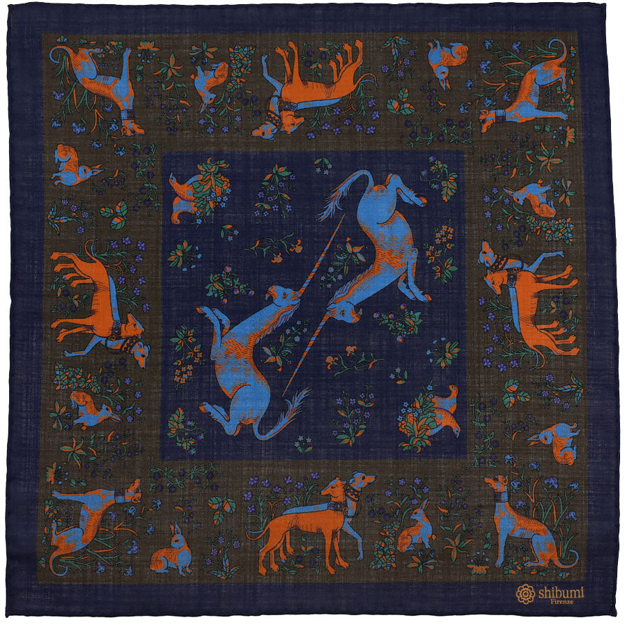 Animal Motif Wool / Silk Pocket Square - Navy