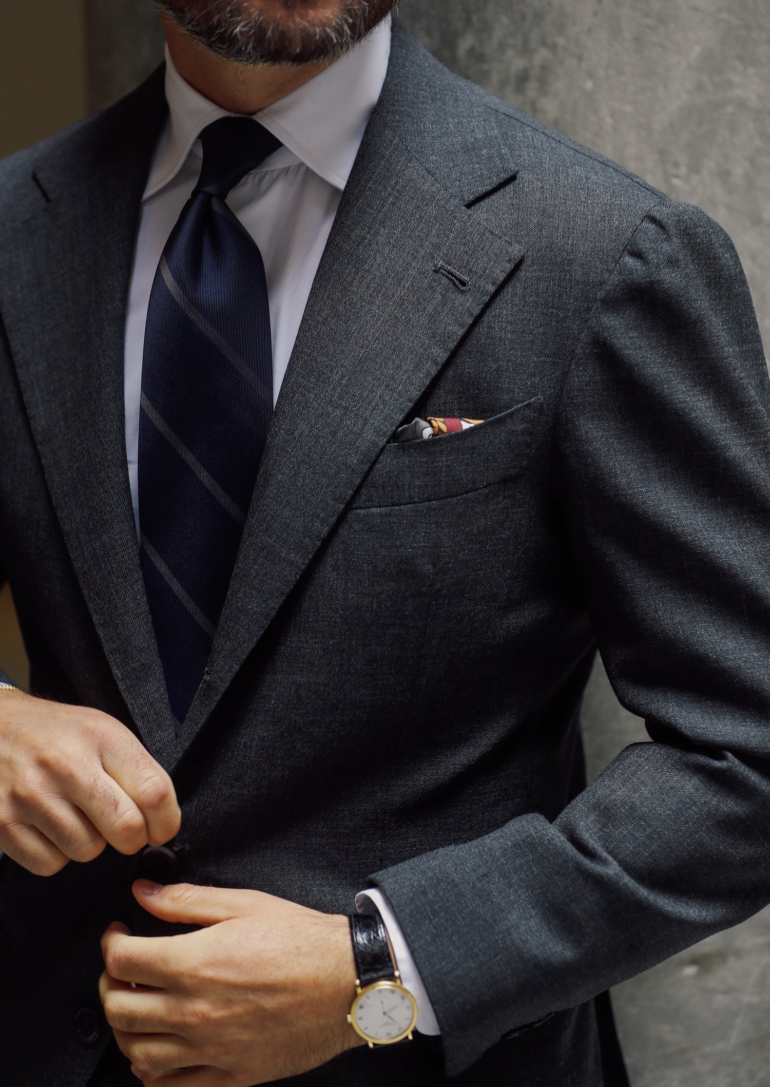 Japanese Repp Stripe Silk Tie - Midnight / Grey