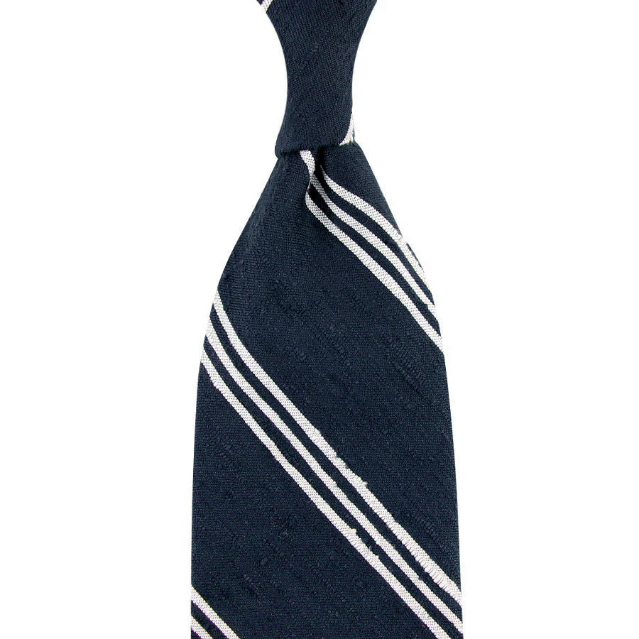 Triple Stripe Shantung Bespoke Tie - Navy / White