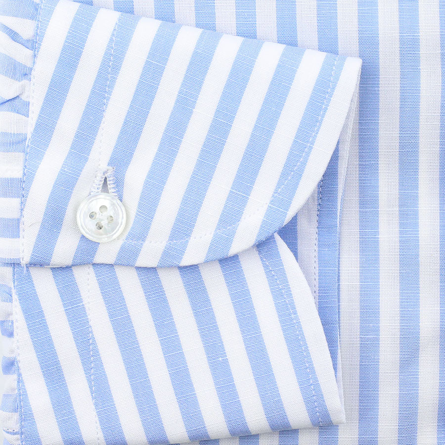 Cotton / Linen Semi Spread Shirt - White / Light Blue - Butcher Stripe