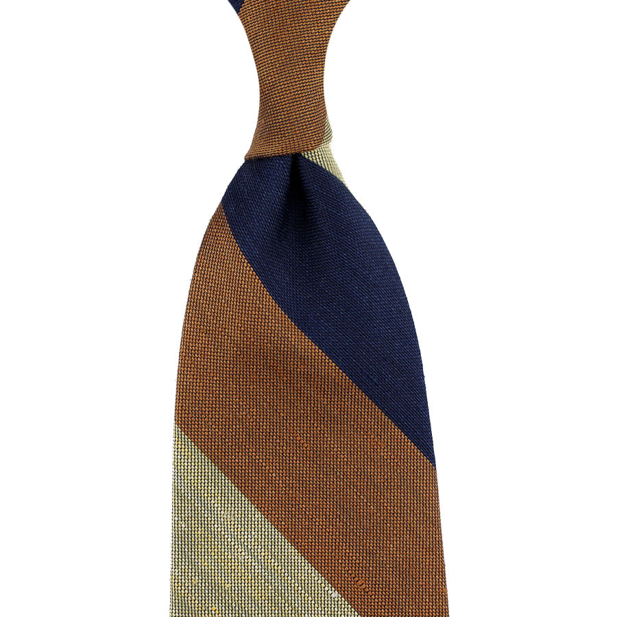 Triple Block Stripe Silk / Linen Tie - Navy / Brown / Beige