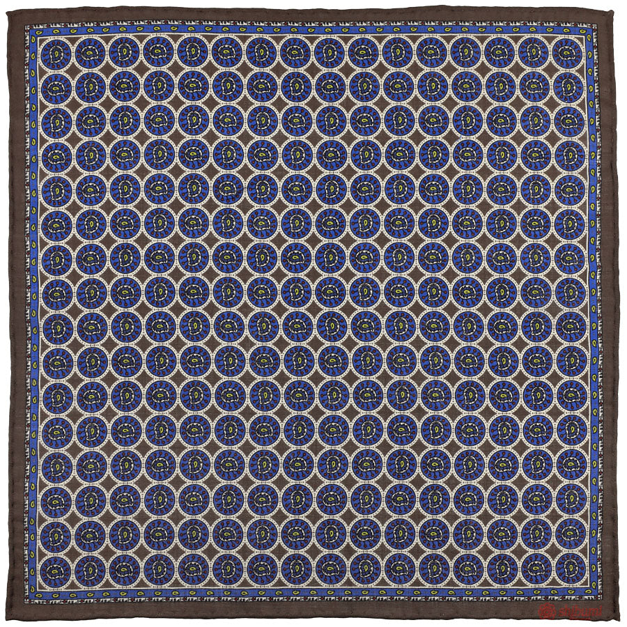 Medallion Printed Wool / Silk Pocket Square - Brown - 43x43cm