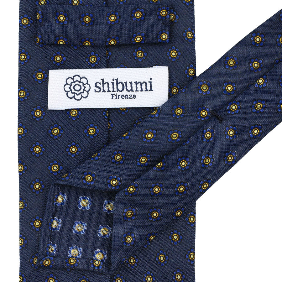 Shibumi-Flower Printed Linen Tie - Navy - Hand-Rolled