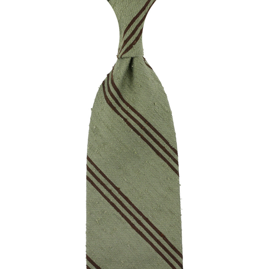 Triple Bar Shantung Silk Tie - Olive / Brown - Hand-Rolled