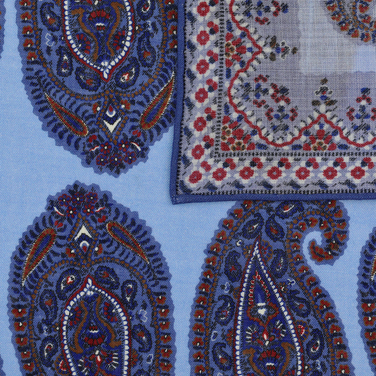 Paisley Motif Wool / Silk Pocket Square - Sky - 40x40cm