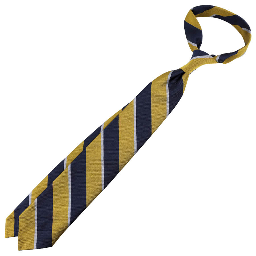 Repp Stripe Silk Tie - Navy / Gold / Grey - Hand-Rolled