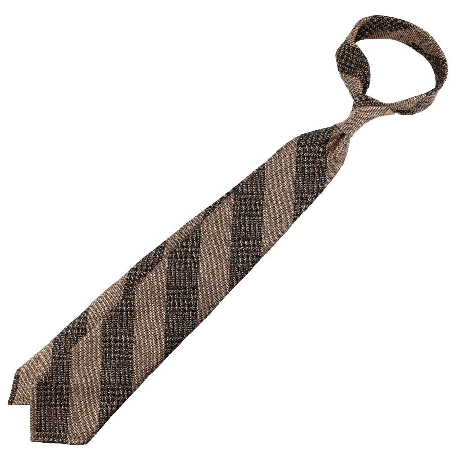 Striped Glencheck Cotton / Wool / Silk Tie - Beige