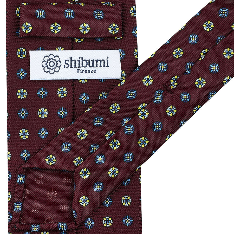 Floral Printed Silk Tie - Burgundy - Hand-Rolled