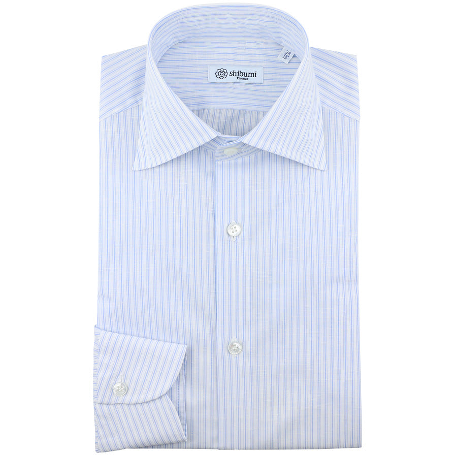 Cotton / Linen Semi Spread Shirt - White / Light Blue - Ticking Stripe