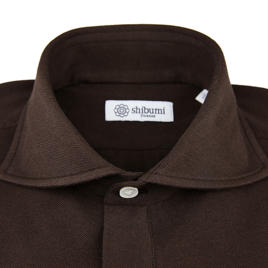 Long Sleeved Polo Shirt - Wide Spread - Brown - Regular Fit