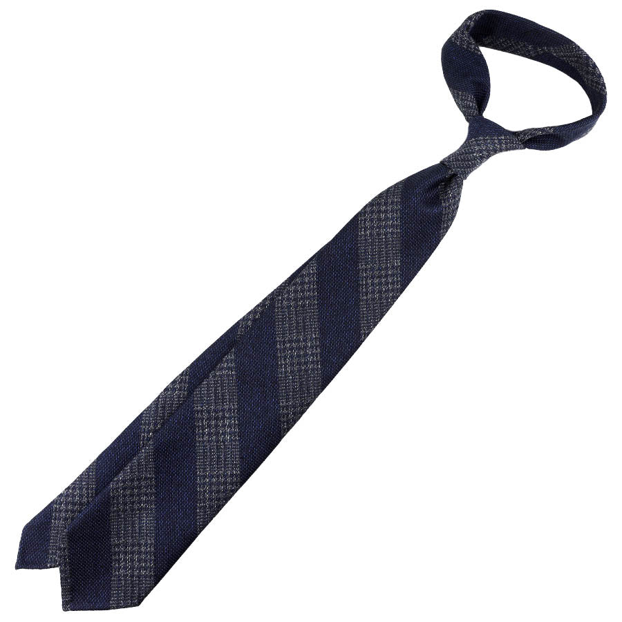 Striped Glencheck Cotton / Wool / Silk Tie - Navy / Grey