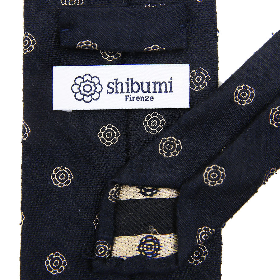 Shibumi-Flower Shantung Silk Tie - Navy - Hand-Rolled