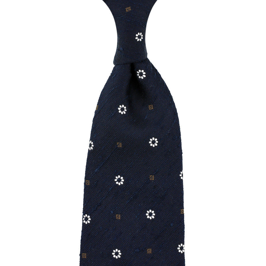 Floral Soft Shantung Silk Tie - Navy - Hand-Rolled