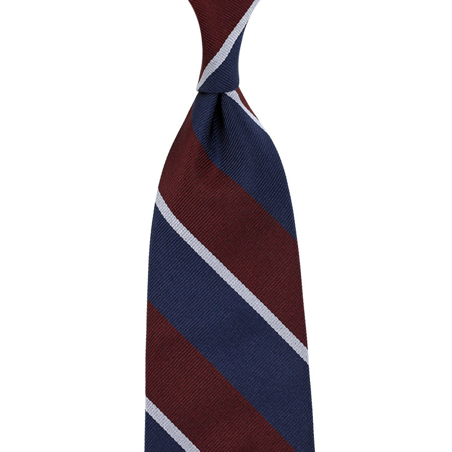 Repp Stripe Silk Tie - Navy / Burgundy / Grey - Hand-Rolled