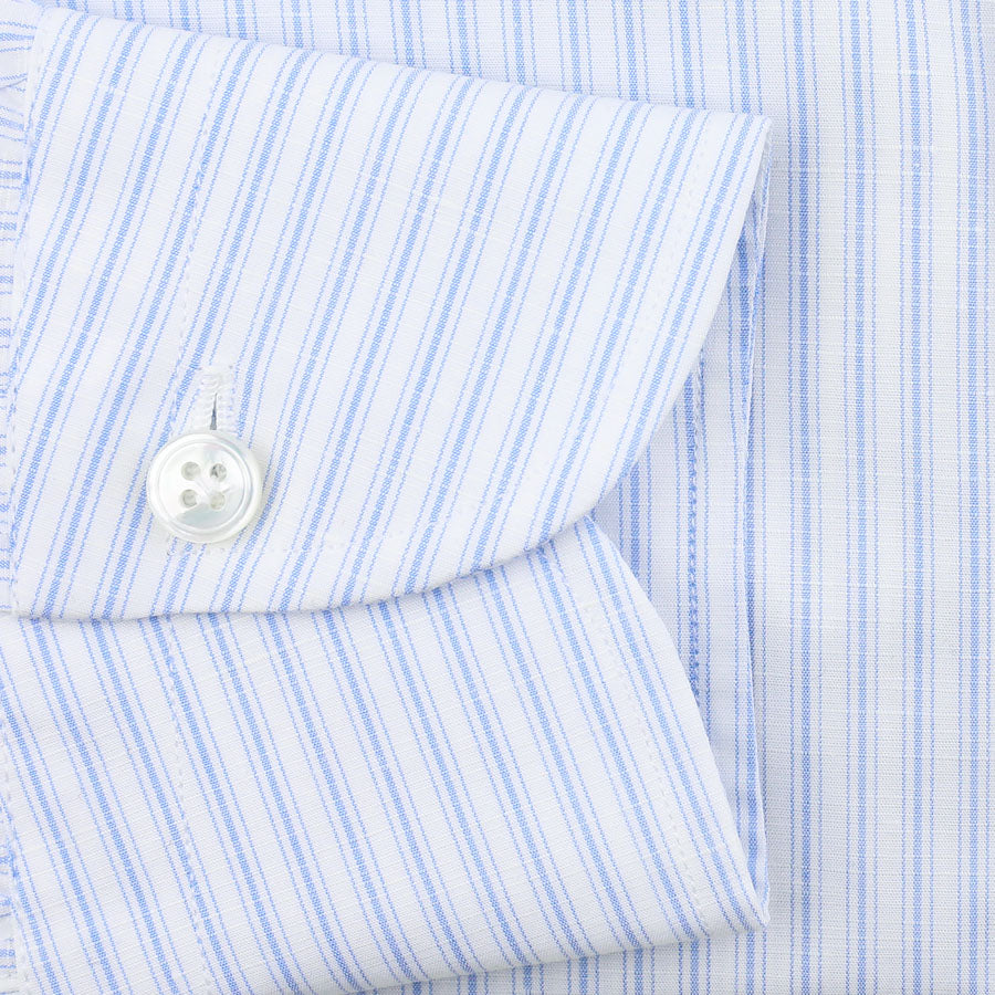 Cotton / Linen Semi Spread Shirt - White / Light Blue - Ticking Stripe