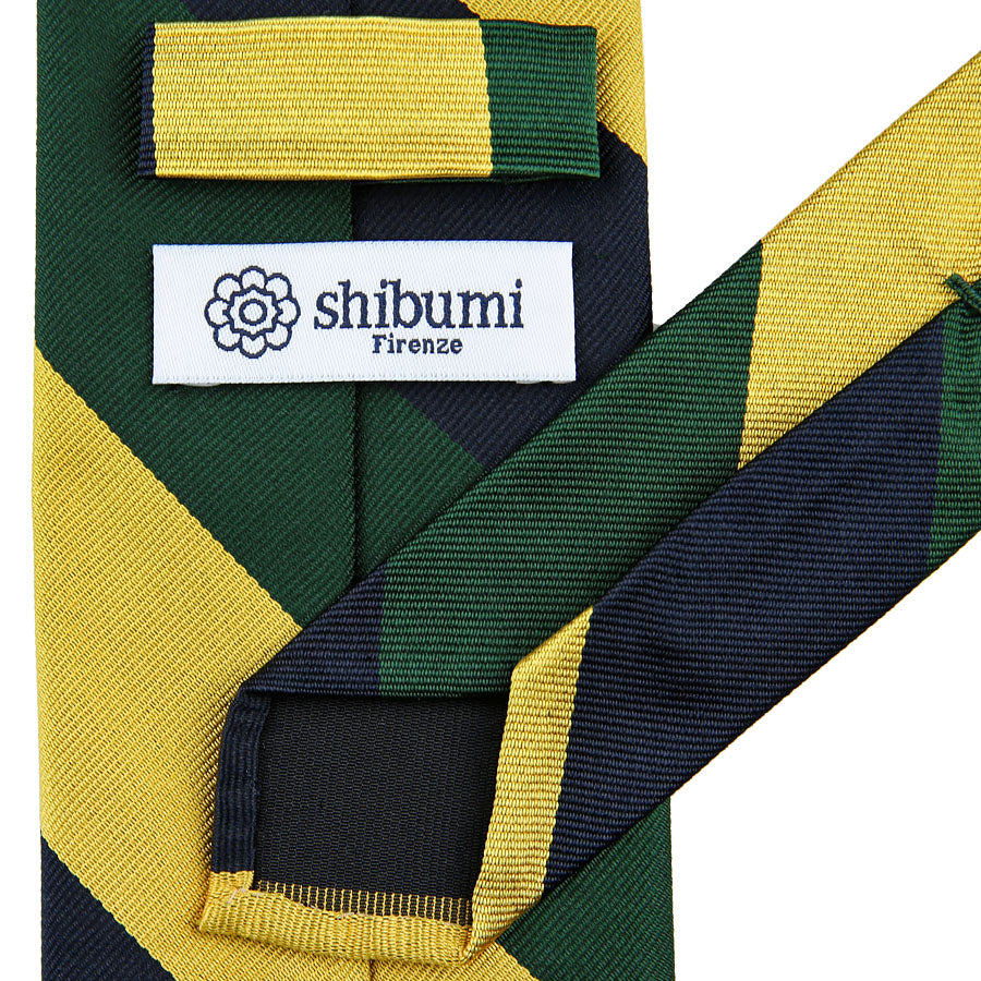 Triple Block Stripe Silk Tie - Navy / Forest / Yellow - Hand-Rolled