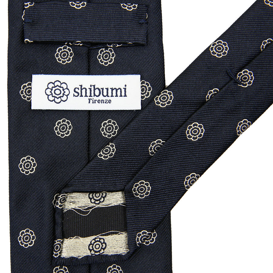 Shibumi-Flower Jacquard Silk Tie - Navy - Hand-Rolled