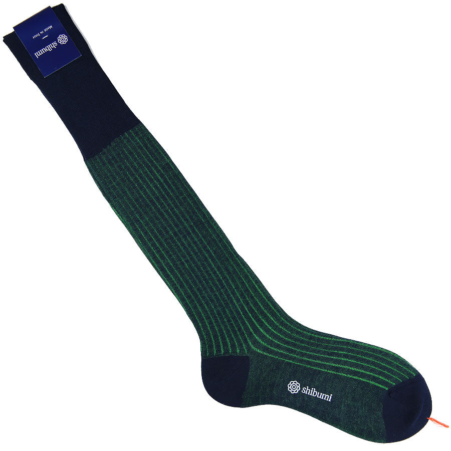 Knee Socks - Shadow Stripes - Navy / Green - Pure Cotton