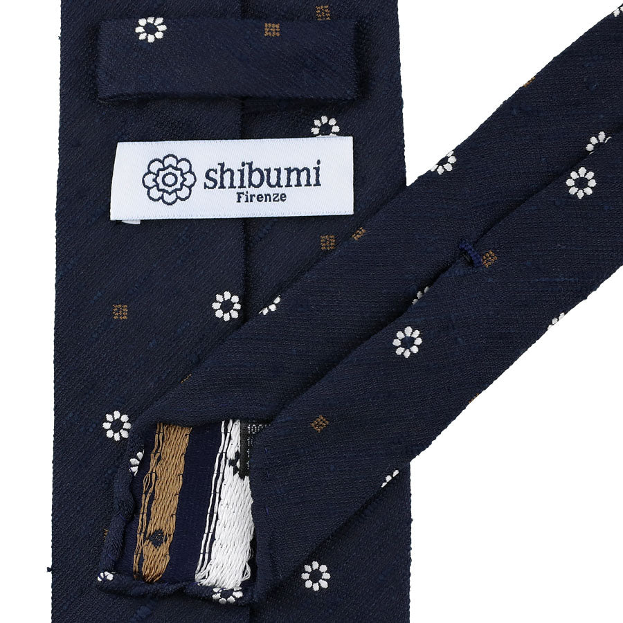 Floral Soft Shantung Silk Tie - Navy - Hand-Rolled
