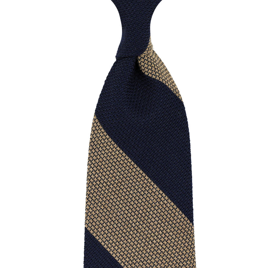 Block Stripe Wool/Silk Grenadine Tie - Navy / Beige - Hand-Rolled