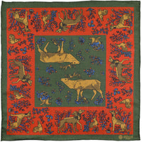 Animal Motif Wool / Silk Pocket Square - Olive / Rust - 43x43cm