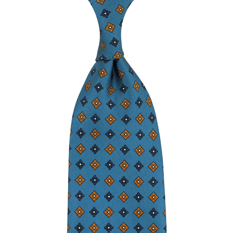 Floral Printed Silk Tie - Air Force Blue - Hand-Rolled