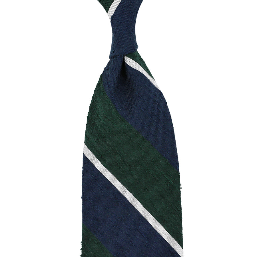 Striped Shantung Silk Tie - Navy / Green / White