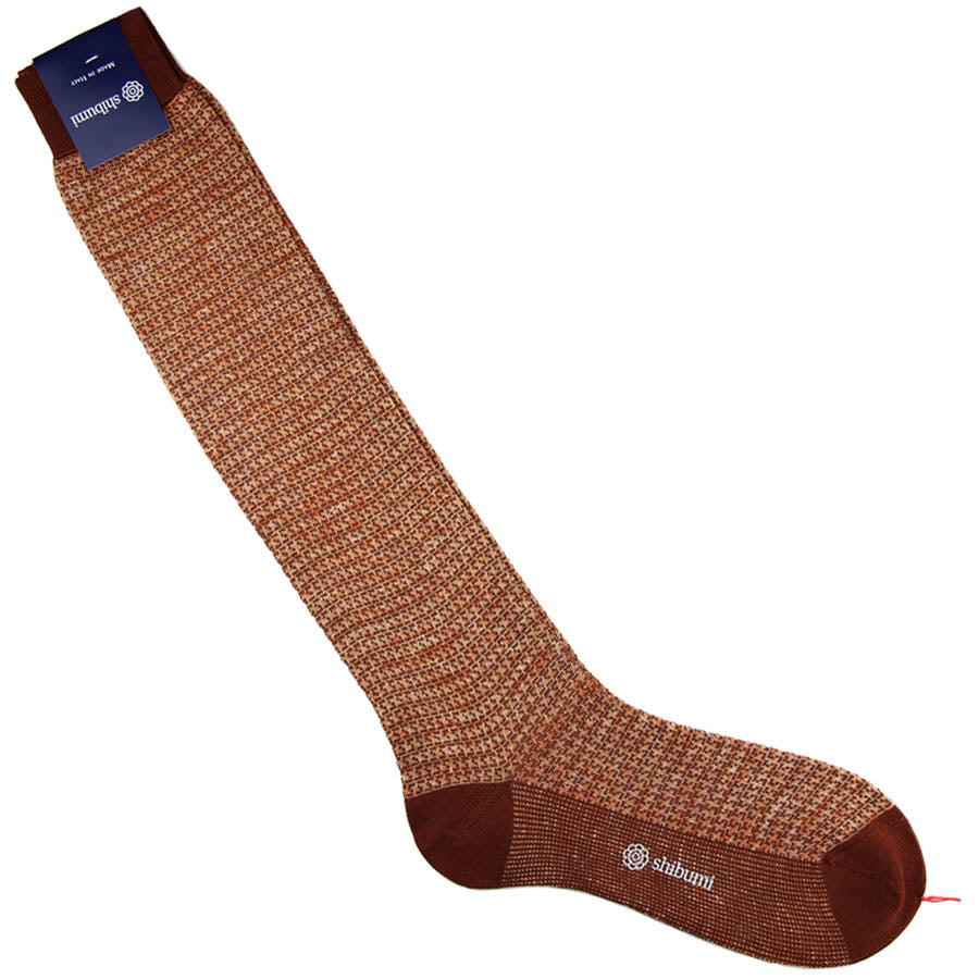 Knee Socks - Houndstooth - Brown - Cotton / Linen