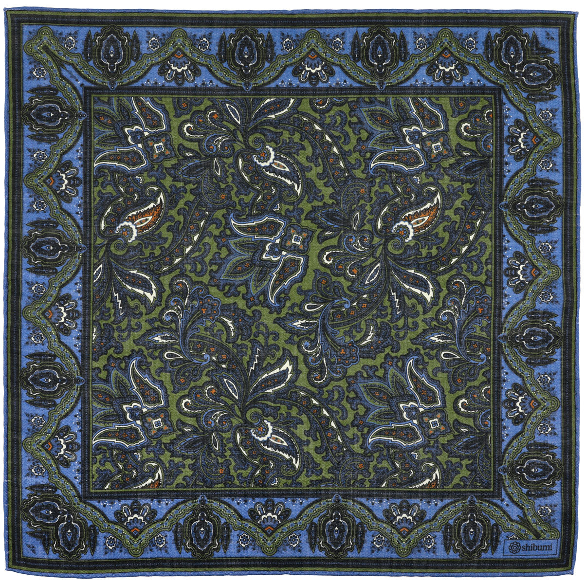Paisley Motif Wool / Silk Pocket Square - Green / Blue- 40x40cm
