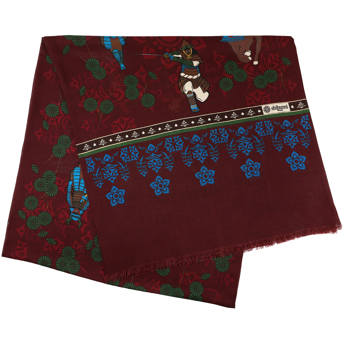 Samurai Printed Wool / Silk Scarf - Burgundy