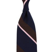 Mogador Striped Wool / Cotton Tie - Navy / Brown - Hand-Rolled