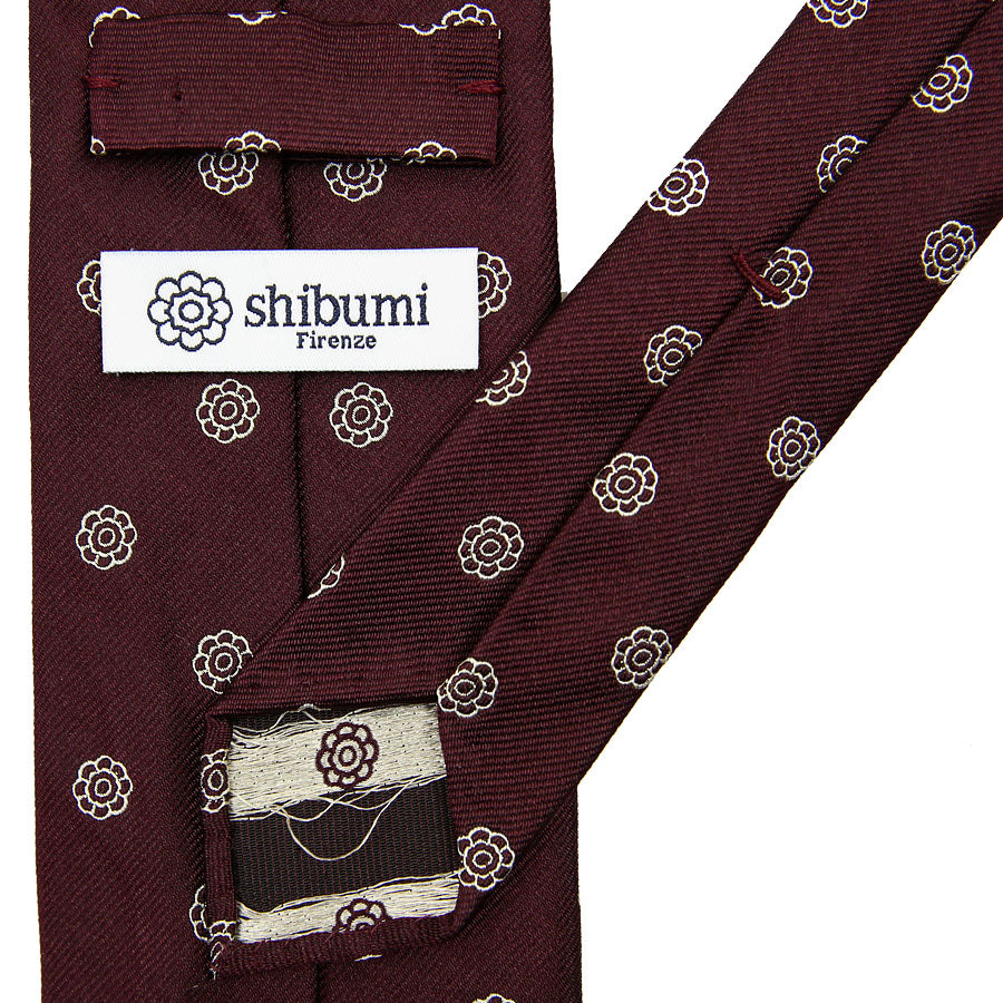 Shibumi-Flower Jacquard Silk Tie - Burgundy - Hand-Rolled