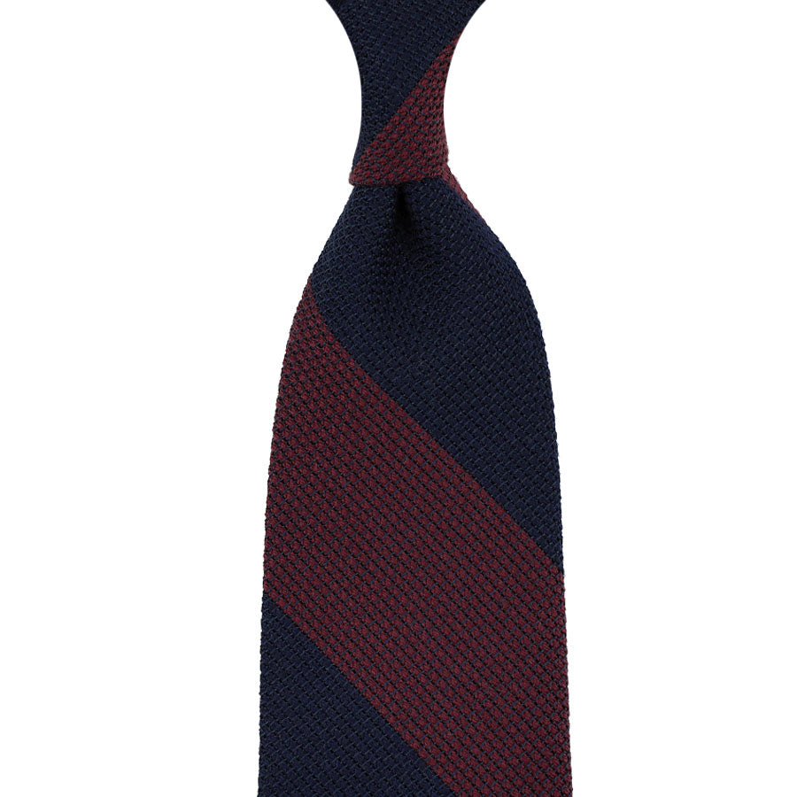 Block Stripe Wool/Silk Grenadine Tie - Navy / Burgundy - Hand-Rolled