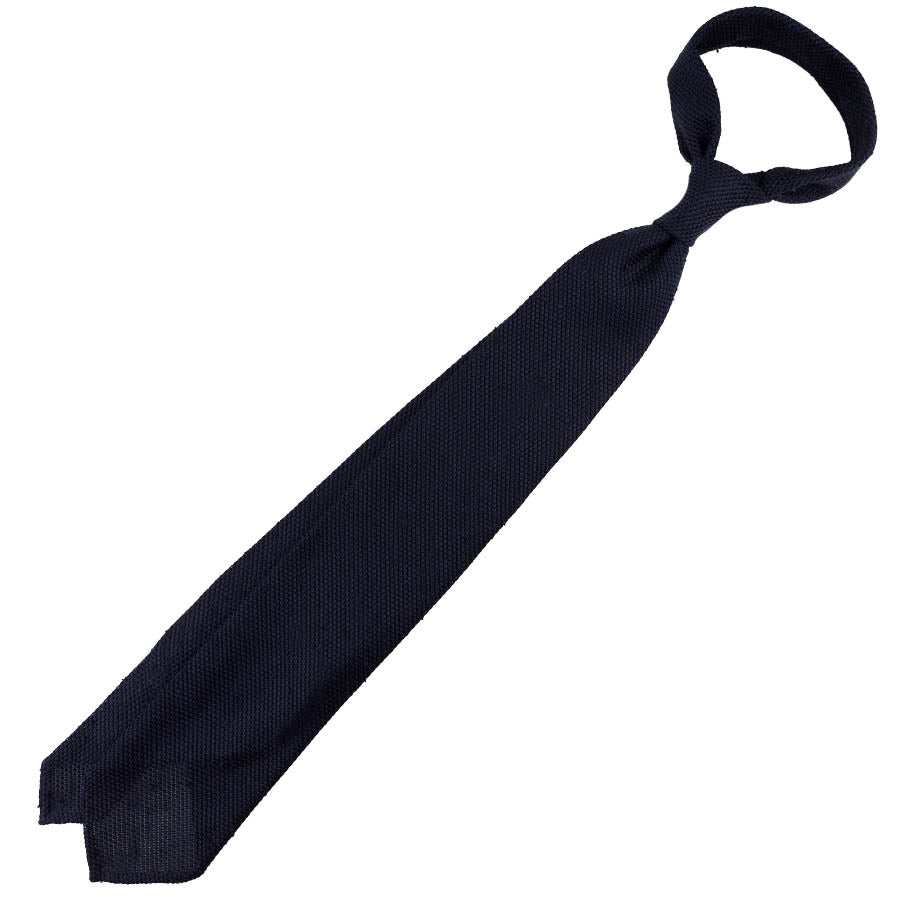 Plain Shantung Grenadine Silk Tie - Navy - Hand-Rolled