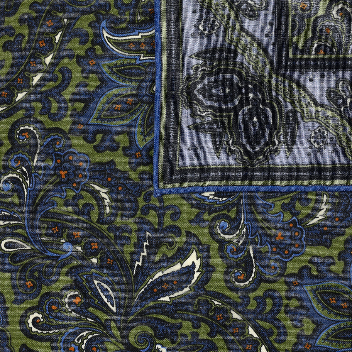 Paisley Motif Wool / Silk Pocket Square - Green / Blue- 40x40cm