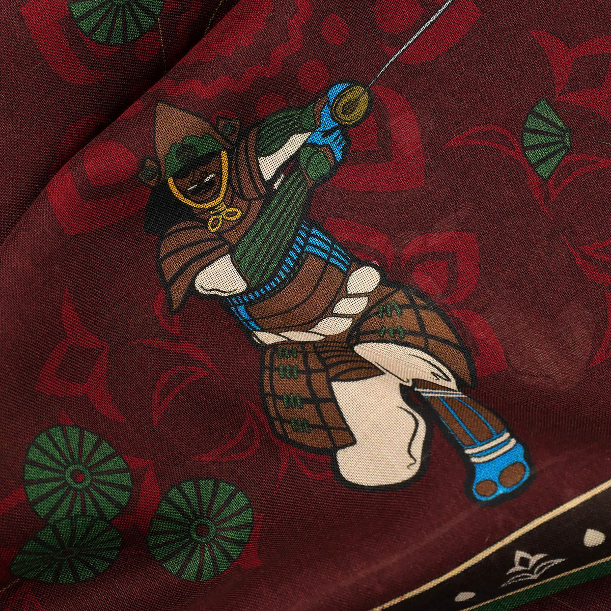 Samurai Printed Wool / Silk Scarf - Burgundy