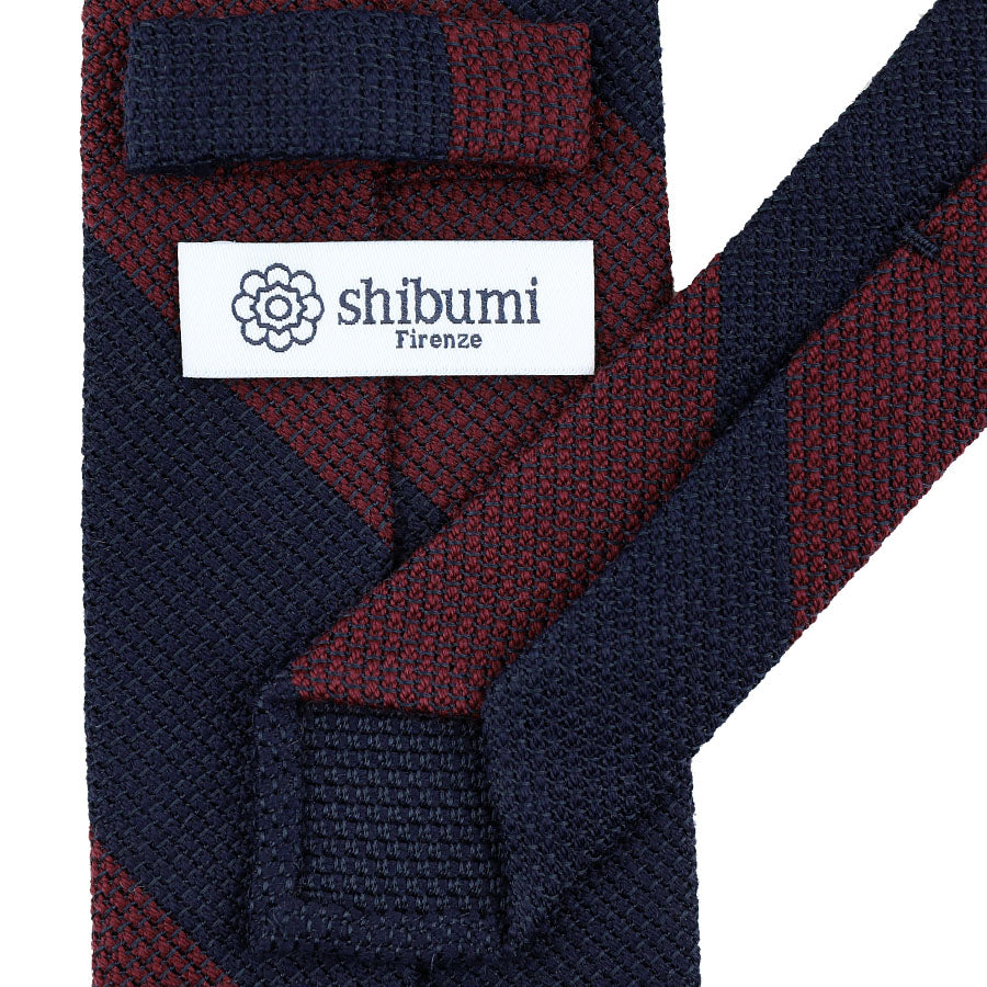 Block Stripe Wool/Silk Grenadine Tie - Navy / Burgundy - Hand-Rolled