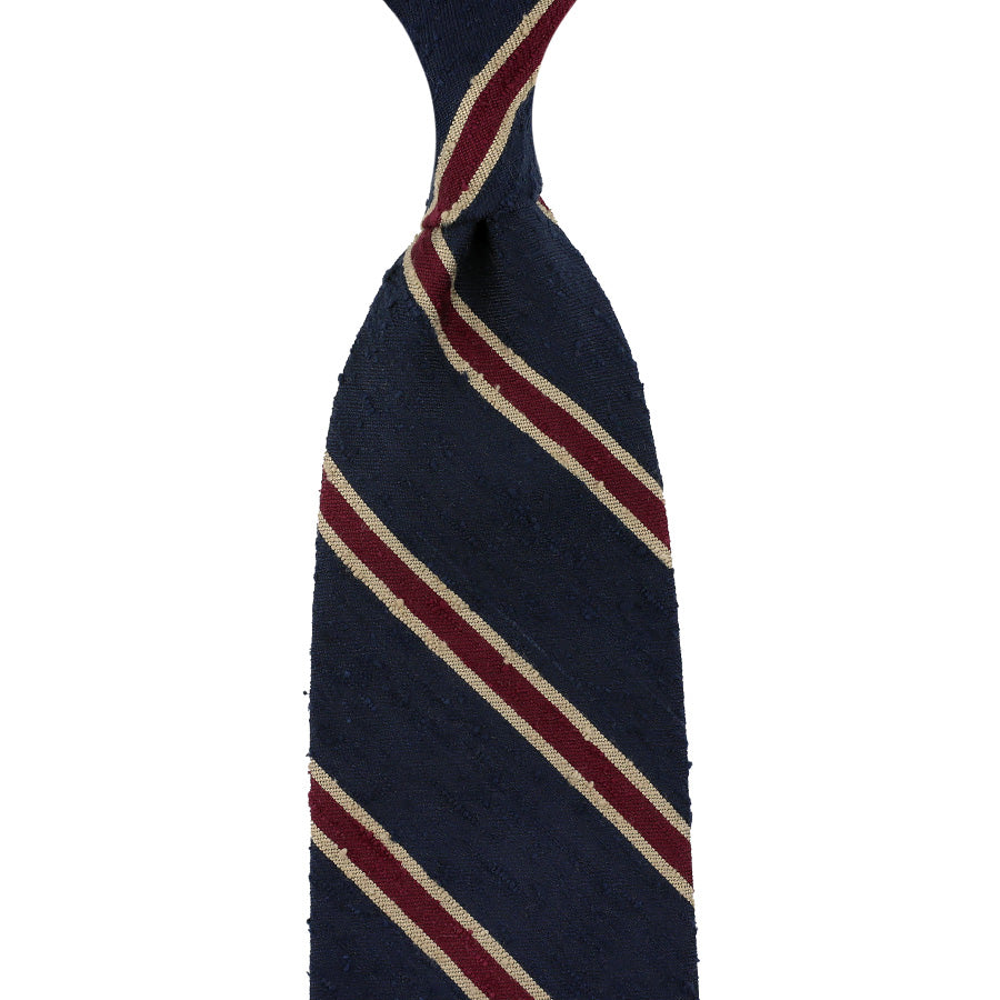 Striped Shantung Silk Tie - Navy - Hand-Rolled