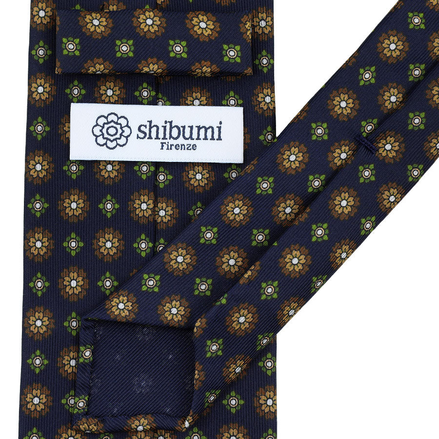 Floral Printed Silk Tie - Navy - Hand-Rolled